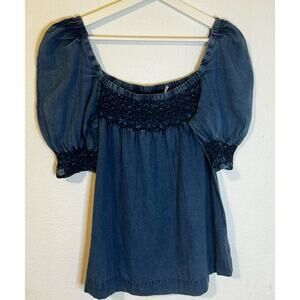 Faherty Blue Smocked Blouse SZ XS NWT